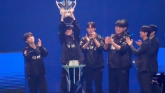 Team T1 celebrates after winning the 2023 League of Legends World Championship Finals