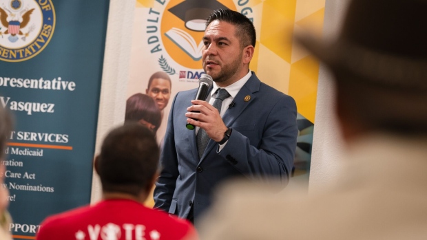 Representative Gabe Vasquez speaks during a town hall in Sunland Park, New Mexico, on Feb. 21.