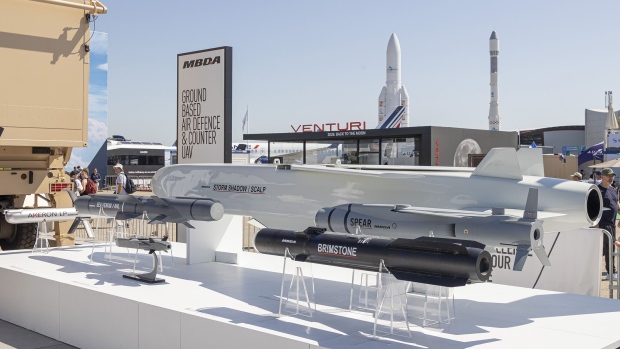 A SCALP EG / STORM SHADOW low-observable, long-range air-launched cruise missile displayed at the International Paris Air Show in 2023. Photographer: Nicolas Economou/NurPhoto/Getty Images