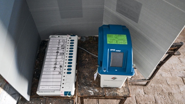 <p>An electronic voting machine (EVM) at a polling station in Uttar Pradesh, India, earlier in April.</p>