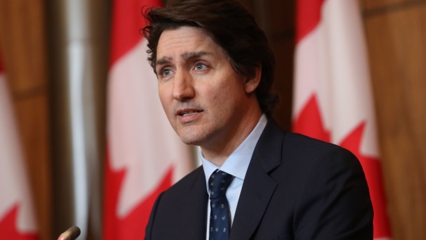 Justin Trudeau, Canada's prime minister, speaks during a news conference on Parliament Hill in Ottawa, Ontario, Canada, on Wednesday, Feb. 23, 2022. Canada is lifting the emergency powers it enacted more than a week ago to get street protests under control, with Trudeau saying the unprecedented authority is no longer needed.
