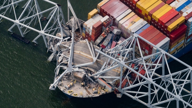 The Dali container vessel after striking the Francis Scott Key Bridge in Baltimore, Maryland on March 26.