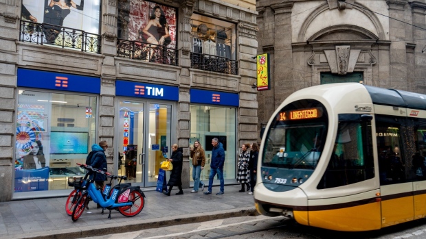 A Telecom Italia SpA mobile phone store in Milan, Italy, on Thursday, Dec. 28, 2023. Italy won’t need to change its budget plans for next year to meet the new European Union rules just agreed by the bloc, according to the country’s finance chief. Photographer: Francesca Volpi/Bloomberg