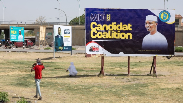 Posters in support of Mahamat Idriss Deby Itno in N'Djamena, Chad on April 15. Photographer: Joris Bolomey/AFP/Getty Images