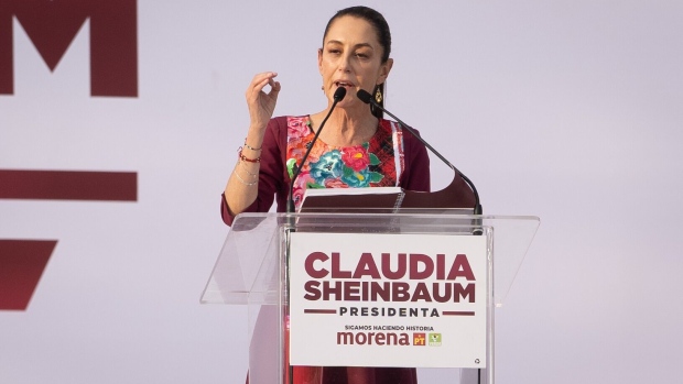 Claudia Sheinbaum speaks during her campaign launch in Mexico City on March 1. Photographer: Victoria Razo/Bloomberg