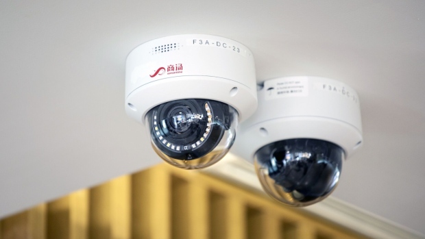 Surveillance cameras at the SenseTime Group Inc. headquarters in Shanghai, China, on Friday, Dec. 3, 2021. Chinese artificial intelligence giant SenseTime rose on its first day of trading in Hong Kong after a rocky initial public offering that was delayed by concerns over fresh U.S. sanctions. Photographer: Qilai Shen/Bloomberg