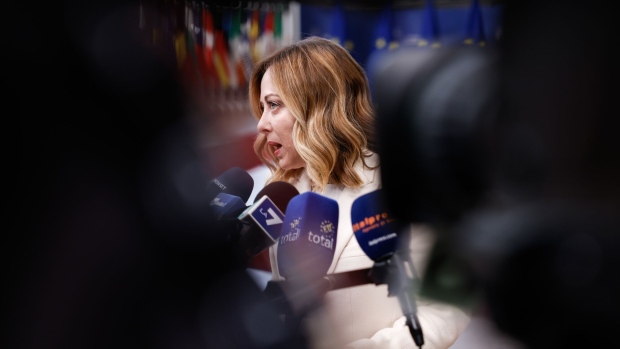 Giorgia Meloni, Italy's prime minister, speaks to members of the media following a Special European Council summit in Brussels, Belgium, on Thursday, April 18, 2024. The European Union’s waning clout versus major geopolitical rivals is sounding alarm bells in Europe’s capitals, compelling leaders to discuss a radical transformation to boost the bloc’s competitiveness in a hostile world. Photographer: Simon Wohlfahrt/Bloomberg