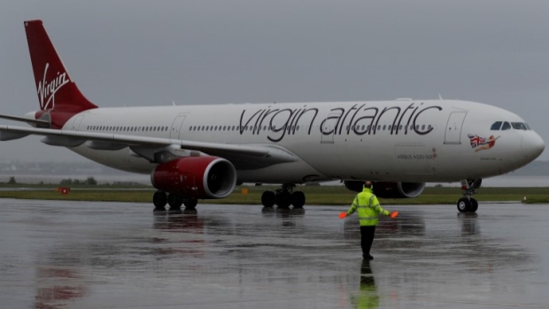 A Virgin Atlantic plane arrives at Liverpool John Lennon Airport in Liverpool northern England