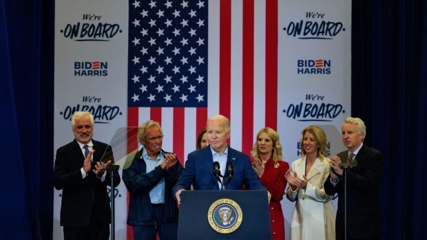 US President Joe Biden speaks during a campaign event with members of the Kennedy family in Philadelphia on April 18.