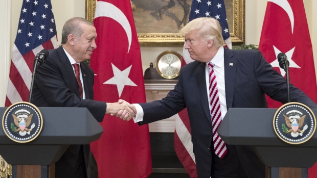 WASHINGTON, DC - MAY 16: US President Donald Trump (R) shakes hands with President of Turkey Recep Tayyip Erdogan (L) in the Roosevelt Room where they issued a joint statement, at the White House on May 16, 2017 in Washington, DC. Trump and Erdogan face the issue of working out cooperation in the fight against terrorism as Turkey objects to the US arming of Kurdish forces in Syria. (Photo by Michael Reynolds-Pool/Getty Images)