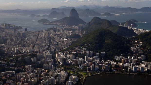 Guanabara Bay is seen in this aerial photograph of Rio de Janeiro, Brazil.