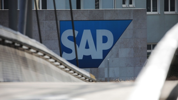 The SAP SE logo sits on a wall at the software company's headquarter campus building in Walldorf, Germany, on Tuesday, Jan. 29, 2019.