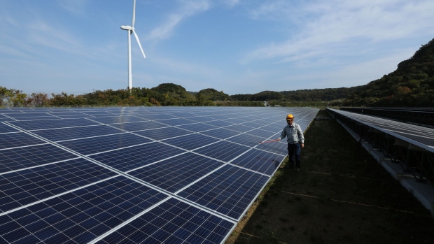 An engineer inspects solar panels during a media tour of Banpu Power Pcl's solar plant in Awaji, Hyogo, Japan, on Friday, Nov. 17, 2017. Banpu Power owns 13 solar projects in Japan. Photographer: Buddhika Weerasinghe/Bloomberg