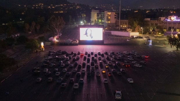 Moviegoers watch a screening of "The New Mutants" at a drive-in movie theater in the parking lot of the Rose Bowl in this aerial photograph taken over Pasadena, California, U.S., on Thursday, Sept. 3, 2020. The film is one of the newest movies to be released since theaters and Hollywood shut down in March to slow the spread of coronavirus.