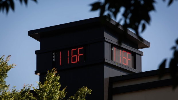 A thermometer reading 116 degrees Fahrenheit during a heatwave in Portland, Oregon, U.S., on Monday, June 28, 2021. The rare and powerful heat wave that's shattering records across the U.S. Northwest is taking a bruising toll on the region's infrastructure, buckling highways, hobbling public transit and triggering rolling power outages. Photographer: Maranie Staab/Bloomberg