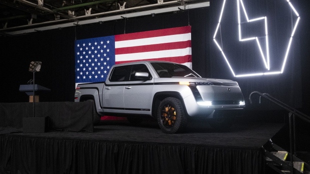 The Lordstown Motors Endurance electric pickup truck sits on stage during an unveiling event in Lordstown, Ohio. Photographer: Matthew Hatcher/Bloomberg