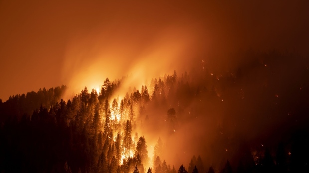 Flames consume trees during the Dixie Fire in Genesee, California, on Aug. 21. Photographer: Eric Thayer/Bloomberg