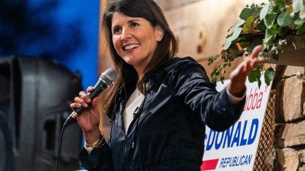 Nikki Haley, former ambassador to the United Nations, speaks at a campaign rally for Senators David Perdue and Kelly Loeffler in Cumming, Georgia, U.S., on Sunday, Dec. 20, 2020. Money from around the U.S. is flooding into Georgia as both of the state’s Senate seats are up for grabs in a Jan. 5 runoff election and with them, control of the U.S. Senate.