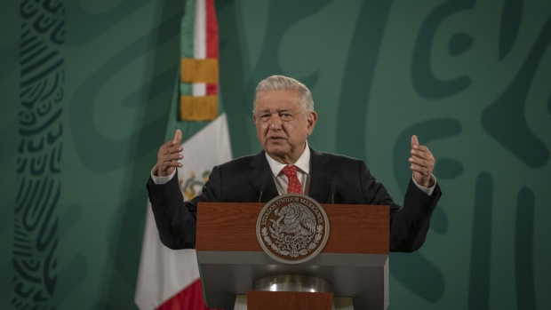 Andres Manuel Lopez Obrador, Mexico's president, speaks during a news conference at the National Palace in Mexico City, Mexico, on Tuesday, Oct. 19, 2021. Mexico is receiving today 3.4 million AstraZeneca doses from a previously announced U.S. donation, government officials said during the president's daily morning briefing on Tuesday.