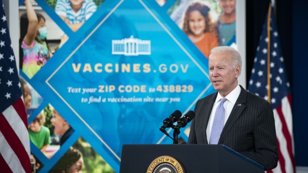 U.S. President Joe Biden speaks in the Eisenhower Executive Office Building in Washington, D.C., U.S., on Wednesday, Nov. 3, 2021. Younger children across the U.S. are now eligible to receive Pfizer's Covid-19 vaccine, after the head of the Centers for Disease Control and Prevention granted the final clearance needed for shots to begin.