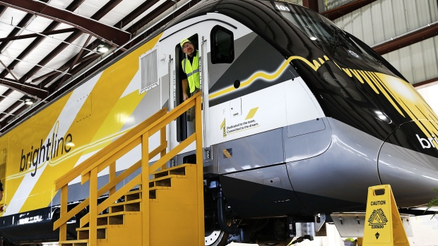 A Brightline express inter-city train during a media tour in West Palm Beach, Florida.
