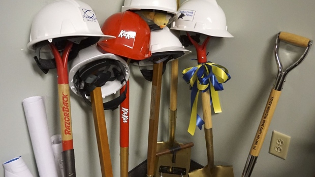 Yudichak keeps shovels and hardhats in his Nanticoke office as mementos of projects developed during his time in office. Photographer: Josh Saul/Bloomberg 