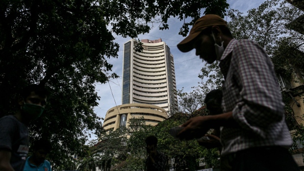 The Bombay Stock Exchange (BSE) building in Mumbai, India, on Wednesday, May 26, 2021. Money managers are counting on a consumption-led economic rebound from the world's worst coronavirus outbreak and the nation's long-term growth prospects to support corporate earnings and equity valuations. Photographer: Dhiraj Singh/Bloomberg