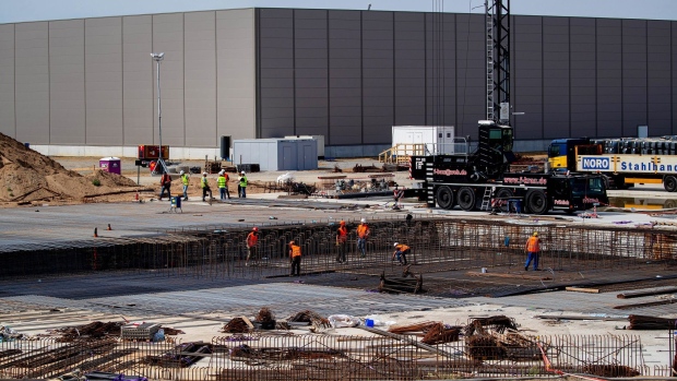 The construction of ground works at the Tesla Inc. Gigafactory site in Gruenheide, Germany, on Friday, Aug. 13, 2021. The yet-to-be finished Tesla facility will serve as the backdrop for Armin Laschet's wavering campaign to be Germany’s next chancellor in need of a much-needed boost.