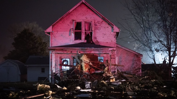 A damaged home following a severe storm in Hartland, Minnesota, U.S., on Wednesday, Dec. 15, 2021. In the city of Hartland — which has a population of around 300 — a storm wrecked buildings and lifted away the community's Christmas tree. A National Weather Service team will be on the ground in Hartland Thursday to survey the damage and determine whether a tornado touched down, KSTP reports.
