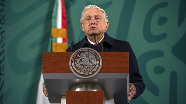Andres Manuel Lopez Obrador, Mexico's president, during a news conference at the National Palace in Mexico City, Mexico, on Tuesday, Dec. 21, 2021. Mexico is to receive 3.6 million Covid-19 vaccines this week, Deputy Health Minister Hugo Lopez-Gatell said Tuesday.