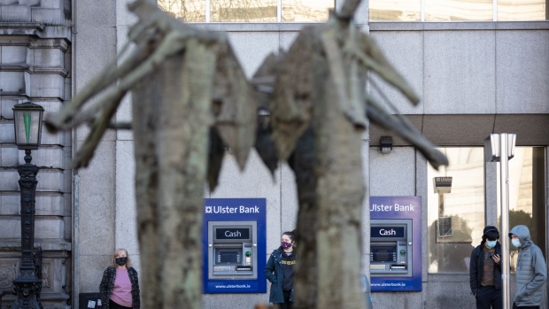 Automated teller machines (ATMs) at an Ulster Bank branch in Dublin, Ireland, on Wednesday, Feb. 17, 2021. NatWest Group Plc is close to finishing its review of its Ulster Bank unit, with a decision possible as soon as this week. Photographer: Patrick Bolger/Bloomberg