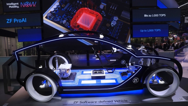 A concept vehicle displays automotive parts in the ZF Friedrichshafen AG pavilion at the IAA Munich Motor Show in 2021.