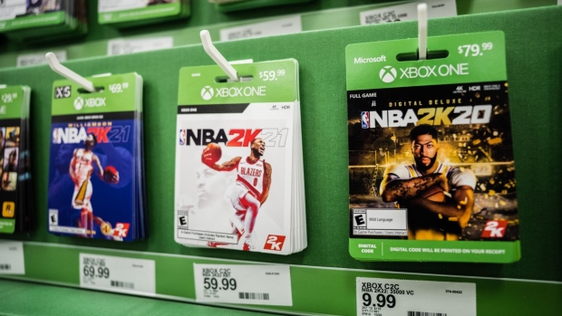 Take-Two Interactive video game cards for Xbox consoles for sale at a store in Louisville, Kentucky, U.S., on Sunday, Feb. 6, 2022. Take Two Interactive recorded a 13% increase in weekly in-app purchases, the biggest jump among 10 gaming companies tracked by Bloomberg using data from Apptopia. Photographer: Jon Cherry/Bloomberg