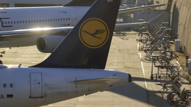 Deutsche Lufthansa AG livery on the tail fin of a passenger aircraft outside a Lufthansa Technik AG hangar in Frankfurt, in Frankfurt, Germany, on Monday, Feb. 28, 2022. Lufthansa, which has earnings scheduled on March 3, says it doesn't expect any impact from Russia's flight ban and plans to continue flying south of Russian airspace to Asia.