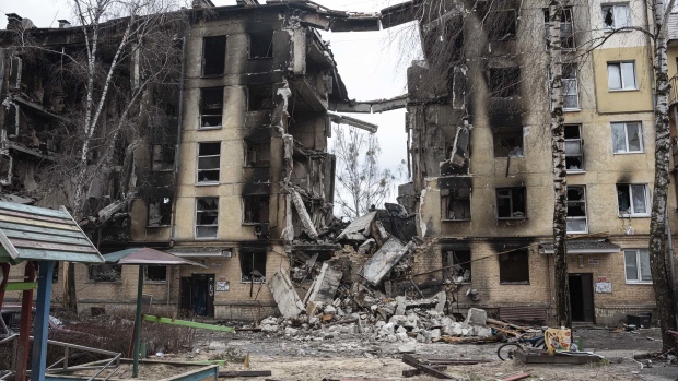 A destroyed apartment building in Hostomel, Ukraine, on April 6, 2022.