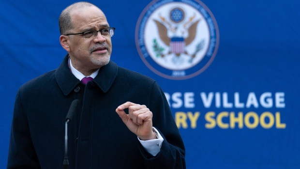 David Banks, chancellor of the New York City Department of Education, speaks during a news conference on the first day of students returning from winter recess at a public elementary school in the Bronx borough of New York, U.S., on Monday, Jan. 3, 2022. Adams urged parents to "put your children in school" when the U.S.'s largest school system reopens on Monday, despite a third of Covid-19 tests coming back positive across the city and no requirement to test before attending classes.