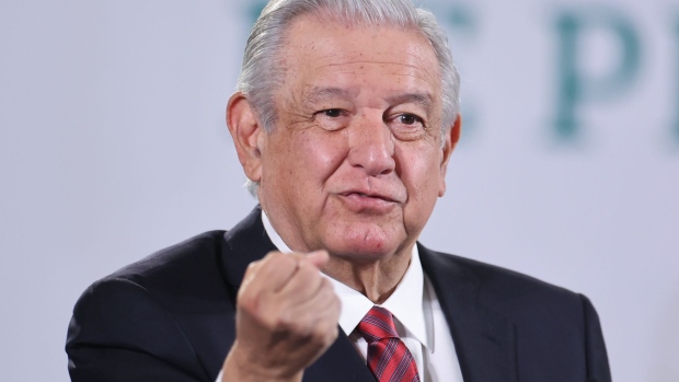 Andres Manuel Lopez Obrador, Mexico's president, speaks during a news conference in Mexico City, Mexico, on Tuesday, March 15, 2022. Lopez Obrador urged the U.S. to support Mexico's job-training and tree-planting programs in El Salvador and Honduras during a meeting with U.S. Homeland Security Secretary Alejandro N. Mayorkas on Monday.