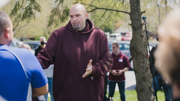 John Fetterman speaks during at a campaign event in Lebanon, Pennsylvania, on April 30.