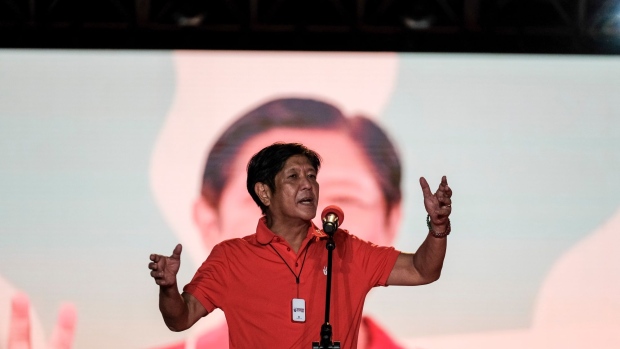 Ferdinand "BongBong" Marcos Jr., former Philippine senator and presidential candidate, during his campaign rally in San Fernando, the Philippines, on Friday, April 29, 2022. The Philippine presidential and general elections will be held on May 9.