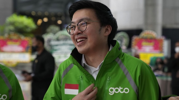 Kevin Aluwi, chief executive officer of Gojek, arrives for GoTo's listing ceremony at the Indonesia Stock Exchange (IDX) in Jakarta, Indonesia, on Monday, April 11, 2022. GoTo, Indonesia’s biggest tech company, surged on its first day of trading after raising $1.1 billion in one of the world’s largest initial public offerings this year.