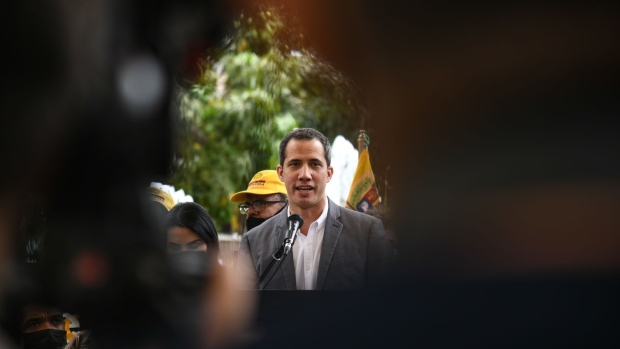 Juan Guaido, president of the National Assembly who swore himself as the leader of Venezuela, speaks during a press conference in Caracas, Venezuela, on Thursday, March 17, 2022. Guaido stated that lifting U.S. sanctions against Venezuela should be "progressive" toward compliance with a political agreement between the government and the opposition.