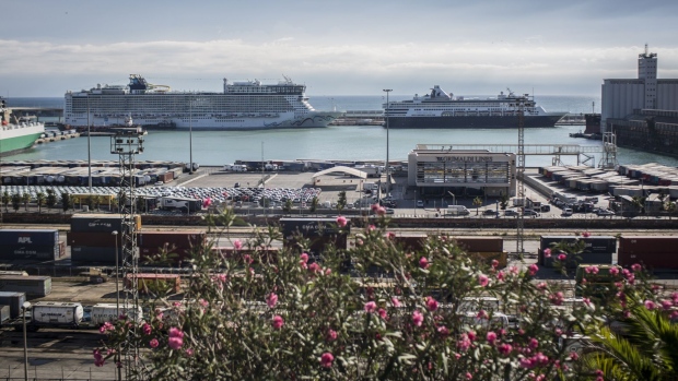 Cruise ships stand docked at the Port of Barcelona in Barcelona, Spain, on Sunday, Nov. 5, 2017. With Catalonia accounting for about 20 percent of Spanish output, it will be crucial for the entire economy to bring the cessation crisis to an end after more than a month of chaos.