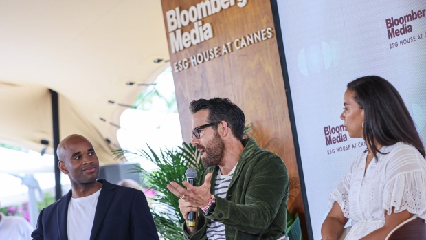 Ryan Reynolds (center) at the Bloomberg Media ESG House Cannes. Photographer: Philippe Fitte/Bloomberg