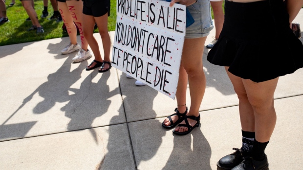 Abortion rights demonstrators during a national day of protest in Lansing, Michigan, US, on Monday, July 4, 2022. Since the US Supreme Court struck down the federal right to abortion last week, the legal fight has quickly shifted to the states as judges blocked or cleared the way for so-called trigger laws that revived tighter restrictions on the procedure.