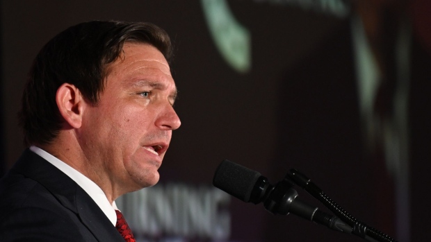 Ron DeSantis, governor of Florida, speaks during the Turning Point 'Unite & Win' Rally with Republican Senate Candidate JD Vance in Girard, Ohio, US, on Friday, Aug. 19, 2022. DeSantis is headlining a series of Turning Point Action rallies in states with key races for 2022.