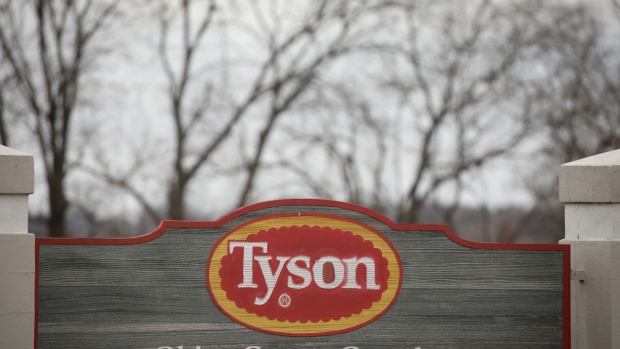 Signage outside a Tyson Foods Inc. plant in Union City, Tennessee, U.S., on Wednesday, Feb. 16, 2022. American poultry farmers were already struggling to boost production before deadly avian influenza started popping up for the first time in several years. Tyson said it was heightening biosecurity measures after the deadly bird flu strain was detected.