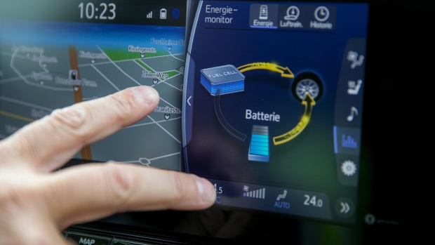 Battery charge information displayed on the dashboard console of a Toyota Motor Corp. Mirai hydrogen fuel cell electric vehicle in Berlin, Germany, on Wednesday, Aug. 25, 2021. Hydrogen remains a marginal part of Shell's energy mix, but the company expects to expand the business as part of its strategy to achieve net-zero emissions by 2050. Photographer: Krisztian Bocsi/Bloomberg