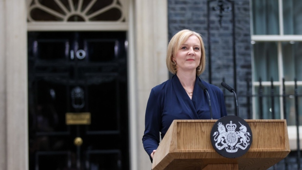 Liz Truss, UK prime minister, delivers her first speech as premier outside 10 Downing Street in London, UK, on Tuesday, Sept. 6, 2022. Truss is finalizing plans for a ?40 billion ($46 billion) support package to lower energy bills for UK businesses.