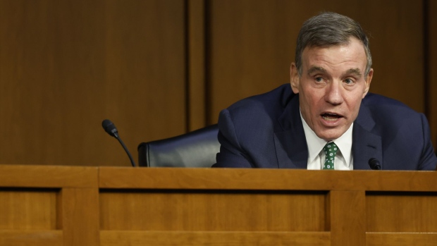 Senator Mark Warner, a Democrat from Virginia, speaks during a Senate Banking, Housing, and Urban Affairs Committee hearing in Washington, D.C., U.S., on Wednesday, June 22, 2022. The Federal Reserve chair said the central bank will keep raising interest rates to tame inflation following the steepest hike in almost three decades.