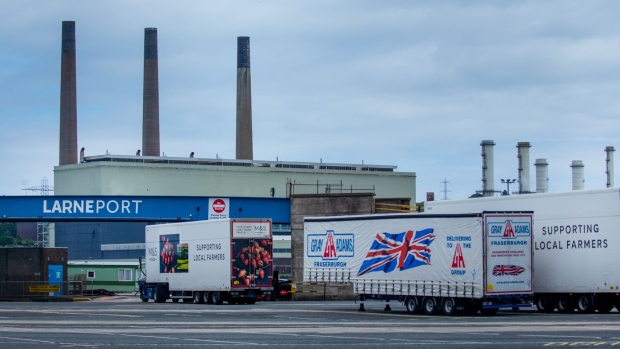 Haulage truck trailers on the dockside at Larne Port in Larne, Northern Ireland, UK, on Tuesday, July 5, 2022. British Prime Minister Boris Johnson wants Parliament to pass his plan to override the Brexit deal by the end of 2022, but it could take as long as a year to become law if the House of Lords digs in.